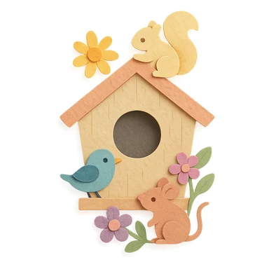 a cozy birdhouse with flowers and forest creatures, soft pastel colors, paper craft style sticker