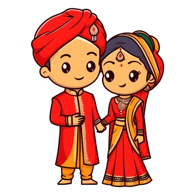 Indian bride and groom on their wedding day, bride in decorative red wedding outfit with gold details, groom in elegant sherwani, both fair-skinned, groom has no facial hair sticker