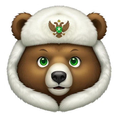 Friendly brown bear face with bright green eyes in a white fur ushanka with centered double-headed eagle emblem, Russian styled sticker