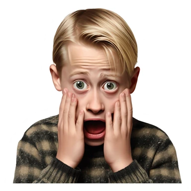 macaulay culkin child from Home Alone, putting both hands on his face and screaming of fear. bring the hands down lik he is putting on his cheeks. sticker