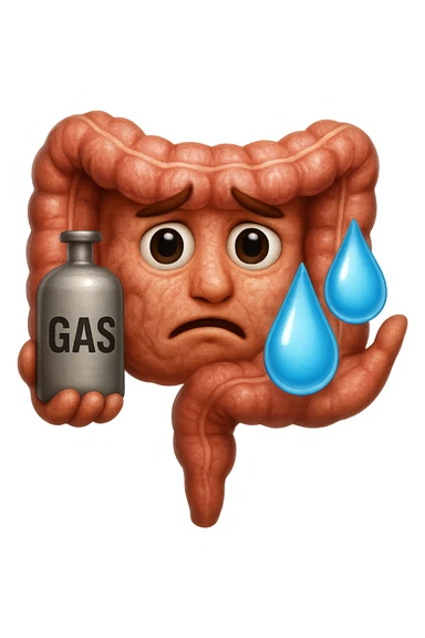 EMOJI STILE IPHONE DI un'intestino preoccupato che ha una bombola di gas con la scritta "GAS" SOPRA in mano e due gocce di acqua in 3d nell'altra mano, IPERREALISTICO 4K sticker