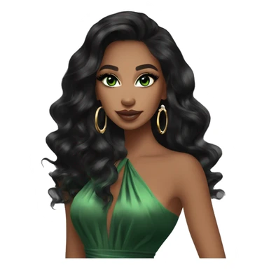 Glamorous, cocktail dress, black balayage hair, long wavy hair, olive skin, green almond eyes, winged eyeliner with big lashes, wearing hooped earrings, rings and bracelets  sticker