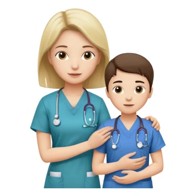 A young medic (woman) attending to a child patient at the local hospital sticker