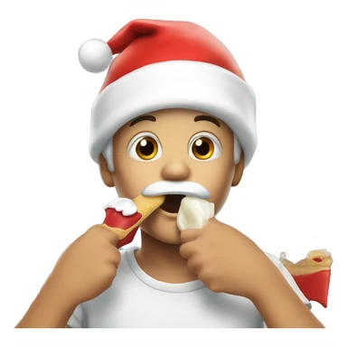 boy in santa hat eating and having a wiped cream beard sticker