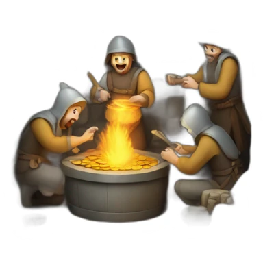 inside of a medieval mint showing different people working creating coins with a furnace sticker