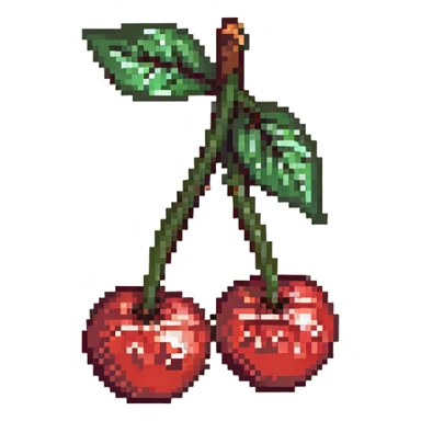 Pixel art of two red cherries with green stem sticker
