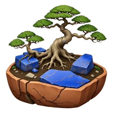 Aged bonsai two toned lapis blue terracotta Roots Stoneware akadama moss on soil irregular angular Stone Age rocks cracked crags and broken rough edges forming a very short shallow flat Yixing forest pot sticker