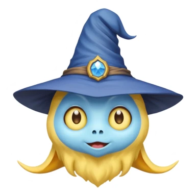 cute monster with white body, yellow tail, wearing blue sky witch hat. the face facing the front towards the 4th wall sticker