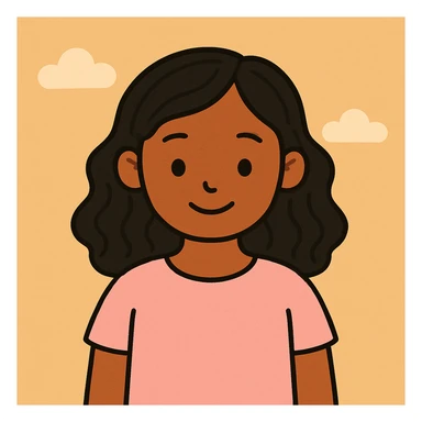 Make the black wavy hair arm length, keep the brown girl and cute light pink shirt, modern friendly illustration style sticker
