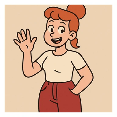 Girl dark orange hair bond hairstyle women's white t shirts pockets red trousers a hand hello  sticker