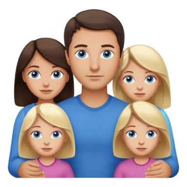 Family portrait with father with dark brown hair and blue eyes, mother with light brown hair and blue eyes, three blonde little girls with blue eyes sticker