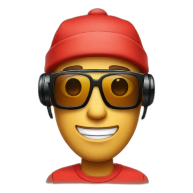 Cartoon bot with red shirt. BLACK HEADPHONES. Sunglasses, tan skin. Red beanie hat sticker