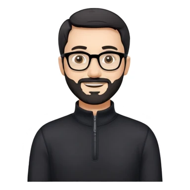 Caucasian man with very short black hair, short graying beard, large black eyeglasses, cheerful expression, black long sleeve shirt with quarter zip at collar sticker