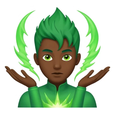 Make an emoji of a 🙎🏽‍♂️with green hair spiking up with a green aura around him sticker