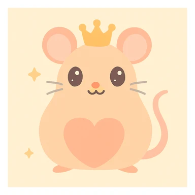 a rat queen with a peach-shaped body, wearing a tiny crown, soft pastel colors, whimsical and cute sticker