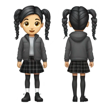 Girl with pigtails with black checkered hair in a charcoal half jacket, gray tartan skirt, gray stockings, white leg warmer and black loafers
 sticker