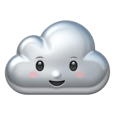A cute cloud emoji made of silver chrome, smooth rounded shape, glossy metallic surface, soft reflections, minimal and friendly design, iOS emoji style, centered, clean white background, soft lighting sticker