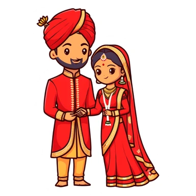 Indian bride and groom on their wedding day, bride in decorative red wedding outfit with gold details, groom in elegant sherwani, both fair-skinned, groom has no facial hair sticker