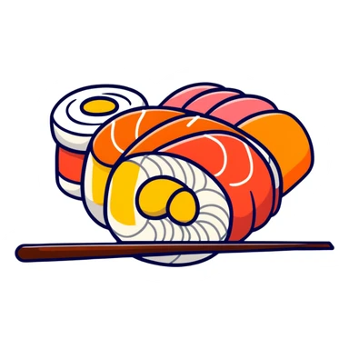 скатерть-самобранка with Japanese dishes like sushi, ramen, and mochi sticker