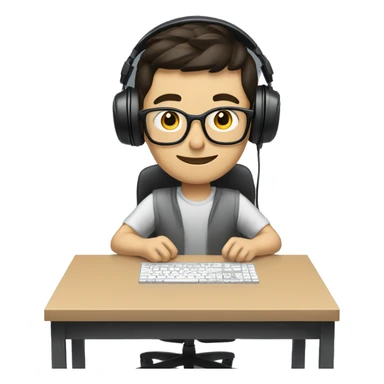 white boy with dark hair and glasses wearing gaming headset and sitting at desk on desktop computer   sticker
