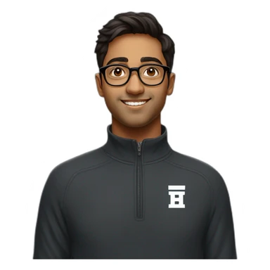 25 year old indian silicon valley creator economy startup founder wearing glasses in a black quarter zip with a harvard logo sticker