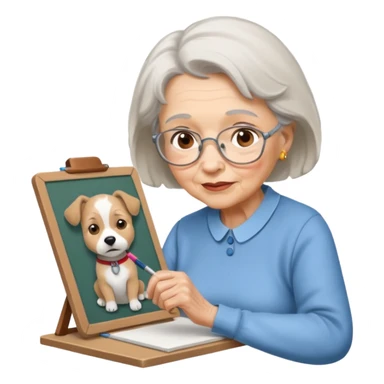 An elderly woman sketching, art board,nice picture, puppy face. sticker