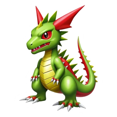 Cool edgy cute shiny futuristic Guilmon-Flygon-Tyranitar-Digimon-hybrid-fusion, yellow belly, full body sticker