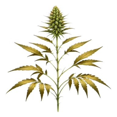 small cannabis plant at late harvest stage, modestly sized, uneven growth structure, thin branches supporting medium size buds, leaves showing natural discoloration in shades of yellow and brown, clearly visible trichomes with amber hues, resin-coated buds ready for harvest,  sticker