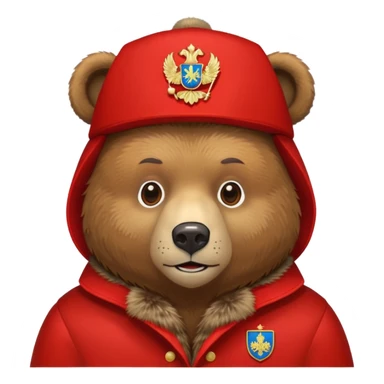 Russian brown bear wearing a red ushanka hat with Russian coat of arms emblem, front view, iOS emoji style sticker