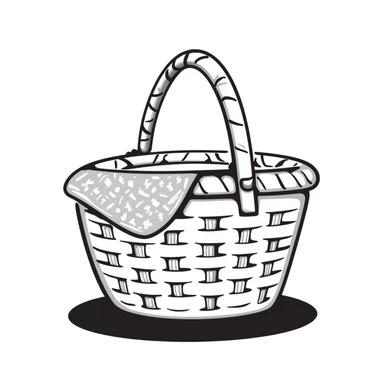 A wicker picnic basket with handle and some picnic items peeking out in pastel colors (dd9fb0, ffc6d3, a3bfc9, c4bee2, f1b091), hand-drawn doodle style sticker