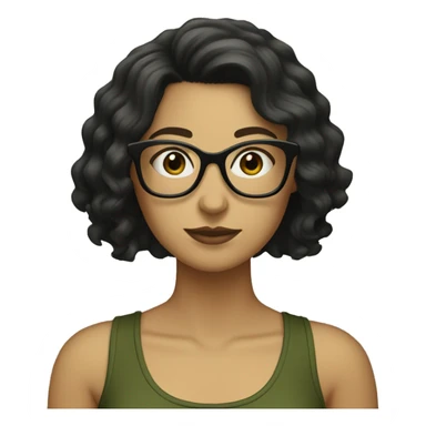 white skined woman with wavy black hair with a olive green tank top with glasses tortoise  sticker