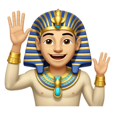 Animated sticker of a funny Ancient Egyptian Pharaoh laughing and energetically waving his hand, welcoming new members, cartoonish style, colorful with shiny gold details, expressive face, small and clear for Discord use, playful and lively motion.
 sticker