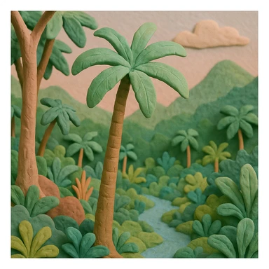El Yunque rain forest with soft pastel colors and visible texture in claymation style sticker