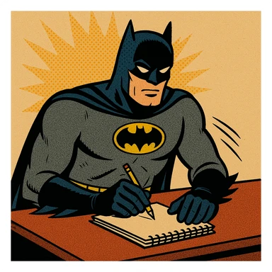 Batman sitting at a desk, taking notes, comic style sticker
