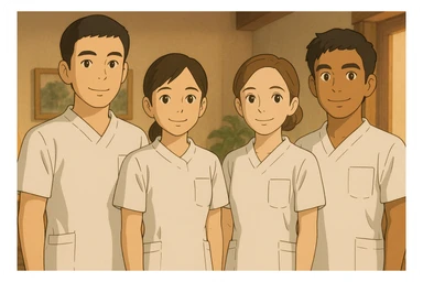 Four nursing students standing side by side, inspired by four referenced faces, wearing white short-sleeve uniforms without collars, no undershirts or stethoscopes. Medical tunic tops with V-neck and left chest pocket. Warm indoor ambiance, Ghibli style. sticker