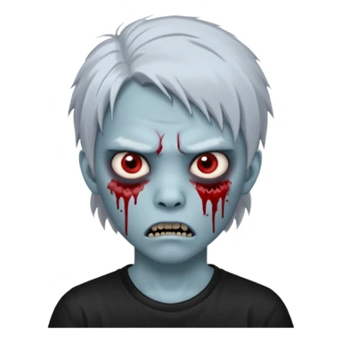 Create a 3D emoji-style avatar with very pale blue-grey zombie skin like the reference image, a young Asian face, and large eyes with blood tears. Give it white mullet-style hair, silver hoop earrings, and a simple black T-shirt. The expression should be slightly angry and has vampire teeth sticker