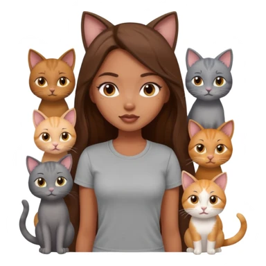a pretty bratz dusky girl with long brown hair with six cats nd wearing a grey tshirt sticker
