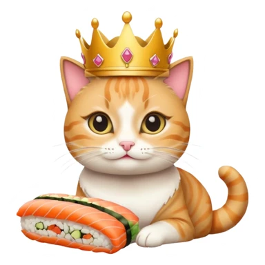 princess cat eating sushi, big eyes, eating sushi roll, simple crown, emoji style sticker