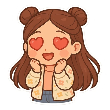 Create a chibi sticker of the girl from the reference image. She has brown straight hair styled in double buns, brown eyes, wearing a pastel floral cardigan and jeans. The expression is in love with heart eyes. The sticker should have a white outline and a transparent background, sized 512x512px. sticker