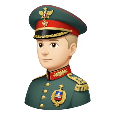 Russian military general in formal uniform with medals and epaulettes, turned slightly to the left, military hat, profile view sticker