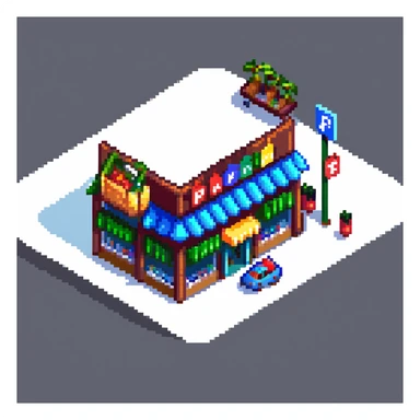 Isometric view of a supermarket building exterior with parking lot, shopping carts, and store sign sticker