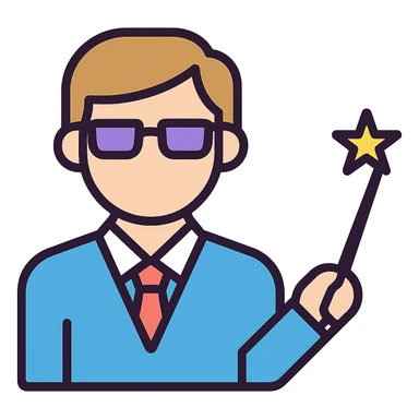 Convert this teacher with a magic stick icon to a color version, keeping the style clean and suitable for an educational app, with a friendly palette and no background. sticker