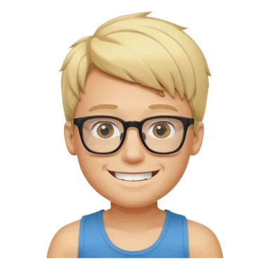 portrait of boy, wearing a tank top, square glasses, grinning face, blond hair sticker