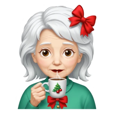 Old lady with crazy hair and christmas bow drinking coffee sticker