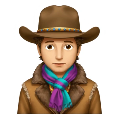 realistic cinematic Bob Dylan profile portrait with dirty cowboy hat on head and colorful silk scarf around neck, fur coat - Desire album cover sticker