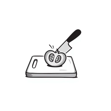 hand-drawn kitchen knife cutting a fresh tomato on cutting board sticker