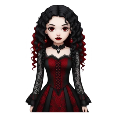 A girl with a red goth vampire look in a black and red goth lace dress with long sleeves and long black curly hair  sticker