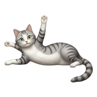 grey and white cat with green eyes doing a big extremely long stretch reaching up into the air with arms and legs side by side together straight and overextended whilst lying on its side sticker