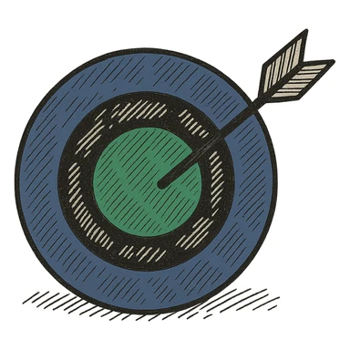 A target with navy rings and a vibrant green bullseye, with an arrow, doodle style sticker