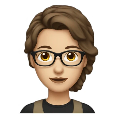 A White woman with medium dark brown hair wearing a brown glasses and black t-shirt sticker
